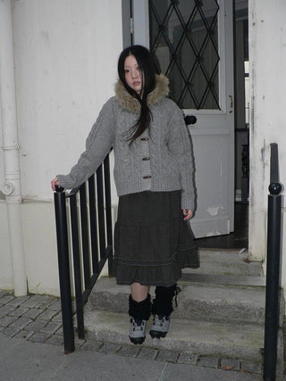 Vintage Cable Knit Hooded Cardigan With Fur Trim And Toggle Buttons Sweater