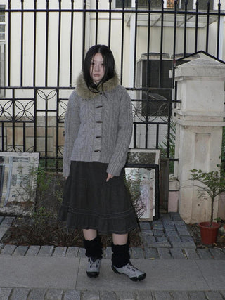 Vintage Cable Knit Hooded Cardigan With Fur Trim And Toggle Buttons Sweater