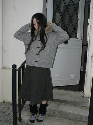 Vintage Cable Knit Hooded Cardigan With Fur Trim And Toggle Buttons Sweater