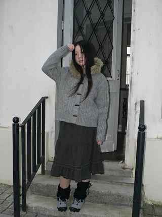 Vintage Cable Knit Hooded Cardigan With Fur Trim And Toggle Buttons Sweater