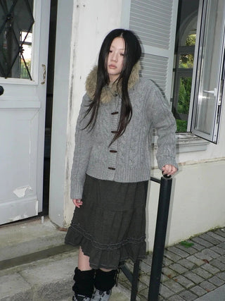 Vintage Cable Knit Hooded Cardigan With Fur Trim And Toggle Buttons Sweater
