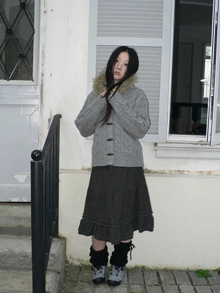 Vintage Cable Knit Hooded Cardigan With Fur Trim And Toggle Buttons Sweater