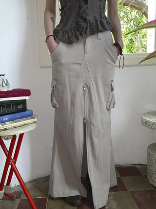 Vintage Cargo Pocket Wrap Maxi Skirt With Dual Zippers
