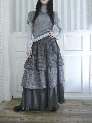 Vintage Checkered Polka Dot Tiered Ruffle Skirt Skirt