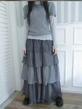 Vintage Checkered Polka Dot Tiered Ruffle Skirt Skirt