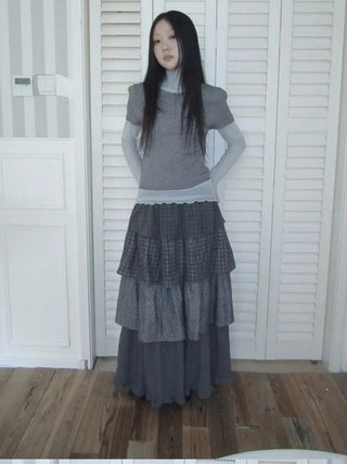 Vintage Checkered Polka Dot Tiered Ruffle Skirt Skirt