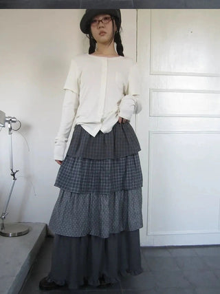 Vintage Checkered Polka Dot Tiered Ruffle Skirt Skirt