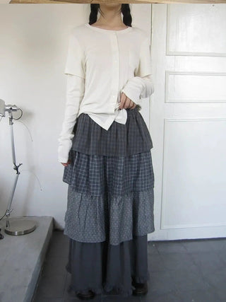 Vintage Checkered Polka Dot Tiered Ruffle Skirt Skirt