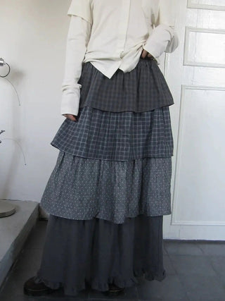 Vintage Checkered Polka Dot Tiered Ruffle Skirt Skirt