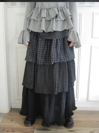 Vintage Checkered Polka Dot Tiered Ruffle Skirt Skirt