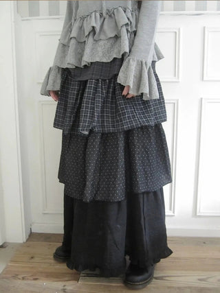 Vintage Checkered Polka Dot Tiered Ruffle Skirt Skirt