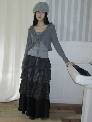 Vintage Checkered Polka Dot Tiered Ruffle Skirt Skirt