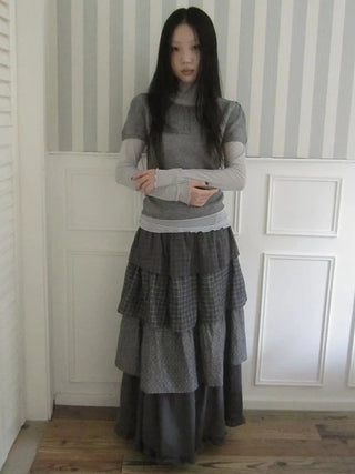 Vintage Checkered Polka Dot Tiered Ruffle Skirt Skirt
