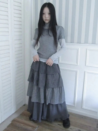 Vintage Checkered Polka Dot Tiered Ruffle Skirt Skirt