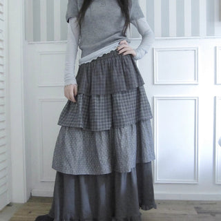 Vintage Checkered Polka Dot Tiered Ruffle Skirt Skirt