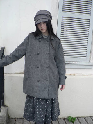 Vintage Commuter Double Breasted Straight Cut Mid Length Lapel Gray Women Coat