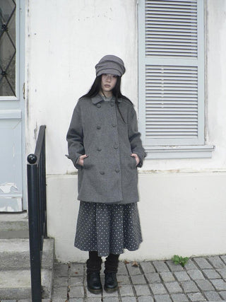 Vintage Commuter Double Breasted Straight Cut Mid Length Lapel Gray Women Coat