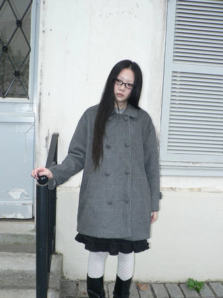 Vintage Commuter Double Breasted Straight Cut Mid Length Lapel Gray Women Coat