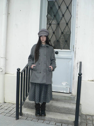 Vintage Commuter Double Breasted Straight Cut Mid Length Lapel Gray Women Coat