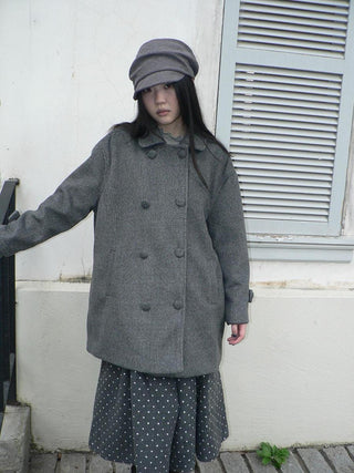 Vintage Commuter Double Breasted Straight Cut Mid Length Lapel Gray Women Coat