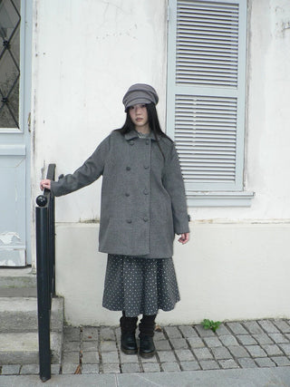 Vintage Commuter Double Breasted Straight Cut Mid Length Lapel Gray Women Coat