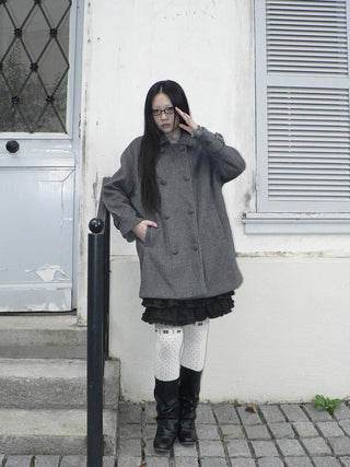 Vintage Commuter Double Breasted Straight Cut Mid Length Lapel Gray Women Coat