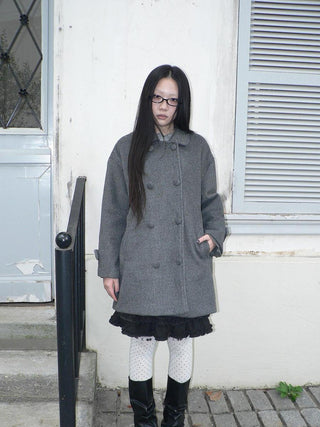 Vintage Commuter Double Breasted Straight Cut Mid Length Lapel Gray Women Coat