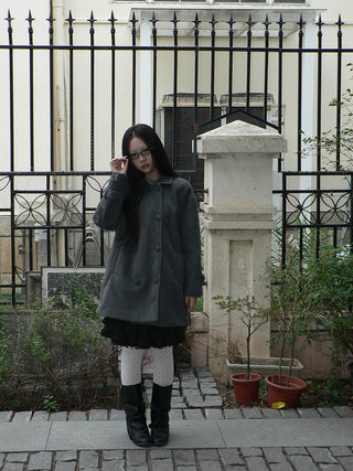 Vintage Commuter Double Breasted Straight Cut Mid Length Lapel Gray Women Coat