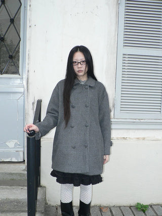 Vintage Commuter Double Breasted Straight Cut Mid Length Lapel Gray Women Coat