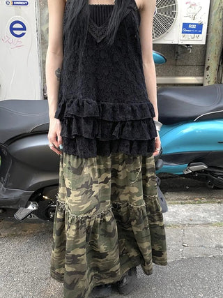 Vintage Distressed Camo Midi Skirt With Elastic Waistband