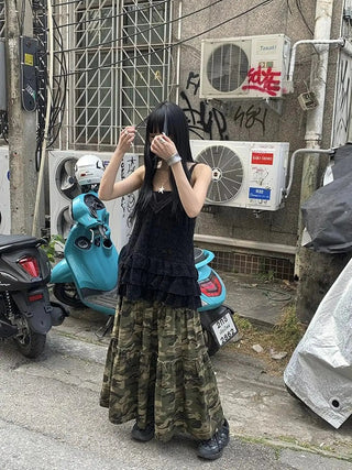 Vintage Distressed Camo Midi Skirt With Elastic Waistband