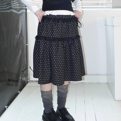 Vintage Dot Print A Line Skirt With Lace Trim Skirt
