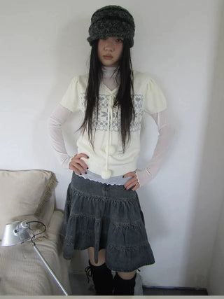 Vintage Ethnic Jacquard Tie Front Knit Top Cardigan