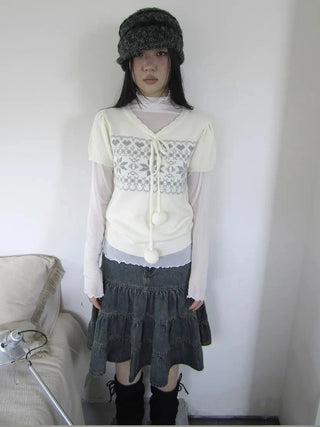 Vintage Ethnic Jacquard Tie Front Knit Top Cardigan