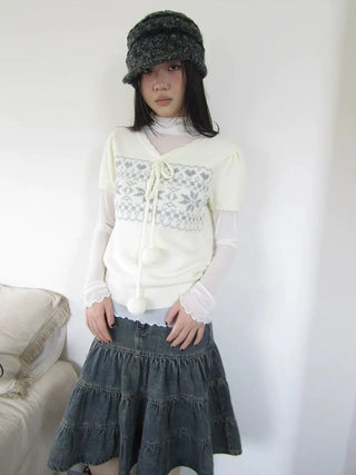 Vintage Ethnic Jacquard Tie Front Knit Top Cardigan