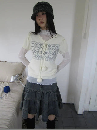 Vintage Ethnic Jacquard Tie Front Knit Top Cardigan