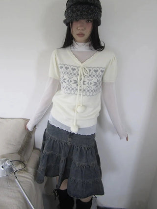 Vintage Ethnic Jacquard Tie Front Knit Top Cardigan