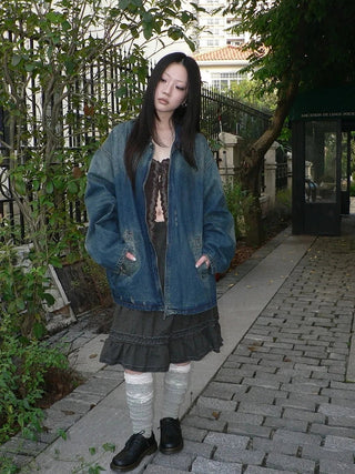 Vintage Faded Distressed Loose Fit Denim Jacket Jacket
