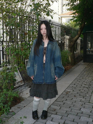 Vintage Faded Distressed Loose Fit Denim Jacket Jacket