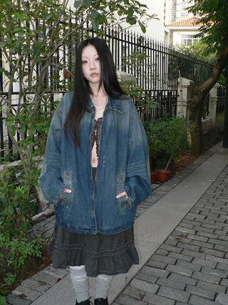 Vintage Faded Distressed Loose Fit Denim Jacket Jacket