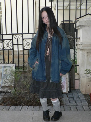 Vintage Faded Distressed Loose Fit Denim Jacket Jacket