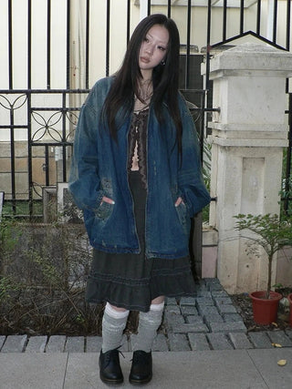 Vintage Faded Distressed Loose Fit Denim Jacket Jacket