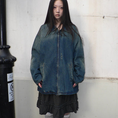 Vintage Faded Distressed Loose Fit Denim Jacket Jacket