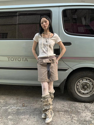 Vintage Floral Print Layered Elastic Short Sleeve Tee With Scarf