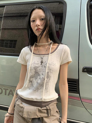 Vintage Floral Print Layered Elastic Short Sleeve Tee With Scarf