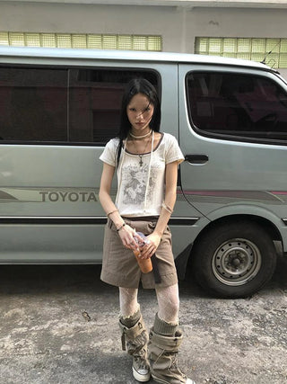 Vintage Floral Print Layered Elastic Short Sleeve Tee With Scarf