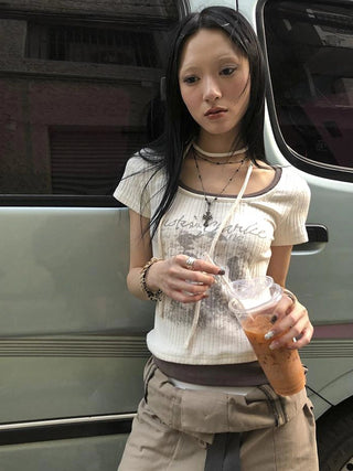 Vintage Floral Print Layered Elastic Short Sleeve Tee With Scarf