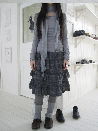 Vintage Gray Layered Gingham Ruffle Hem Skirt Skirt