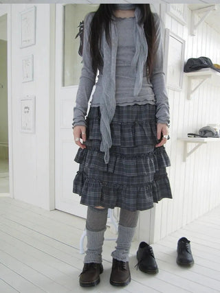 Vintage Gray Layered Gingham Ruffle Hem Skirt Skirt
