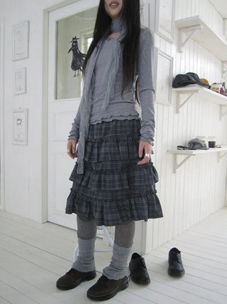 Vintage Gray Layered Gingham Ruffle Hem Skirt Skirt
